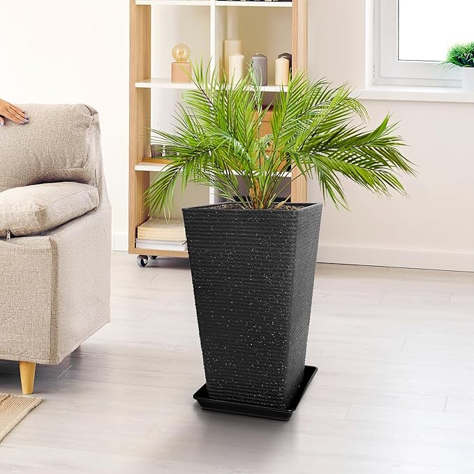 Tall Black Planter Set of 2 for Outdoor Indoor Plants,21.3in Large Tapered Plant Pots with Drainage Trays Holes,Resin Extra-Thick Flower Pots for Outdoor Patio Front Porch Backyard Decor