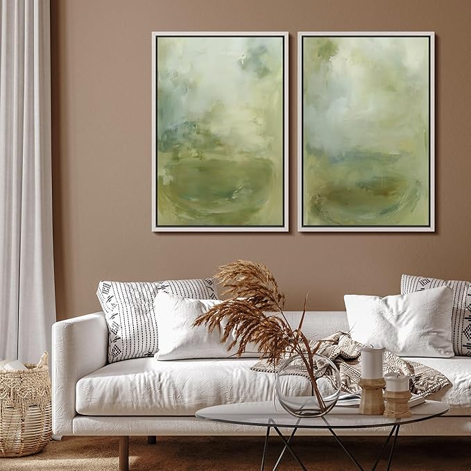SIGNFORD Framed Canvas Print Wall Art Set Soft Green Abstract Contemporary Neutral Landscape Illustration Modern Art Decorative Nordic Nature for Living Room, Bedroom, Office - 24"x36"x2 White