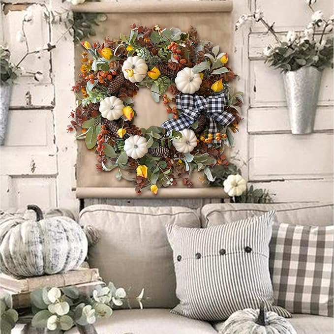 WANNA-CUL 24 inch Large Farmhouse Fall Wreath Decor for Front Door with White Pumpkin,Cotton,Lamb's Ear and Eucalyptus Leaves,Harvest Door Wreath for Autumn or Thanksgiving Decorations