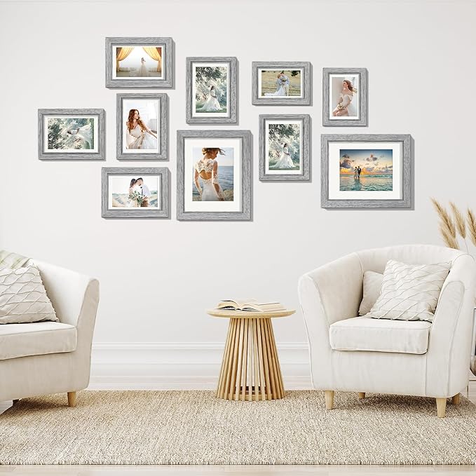 Picture Frames Set of 10 Gray Wood Grain, Bulk MDF Frames for 8x10, 5x7, 4x6 Photos Real Glass for Wall or Tabletop