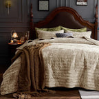 Qucover Velvet Quilt King Size Bedding Set, 106"x98" Oversized King Velvet Quilt and Sham Set, Luxury Cream Beige Striped Comforter, Ultra Soft Winter Quilted Bedspread Coverlet for All Seasons