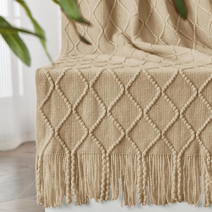 inhand Knitted Throw Blanket for Couch and Bed, Soft Living Room Home Decor Knitted Blanket with Tassel, Outdoor Lightweight Breathable Summer Blanket, Farmhouse Warm Woven Decorative, 50"x60"