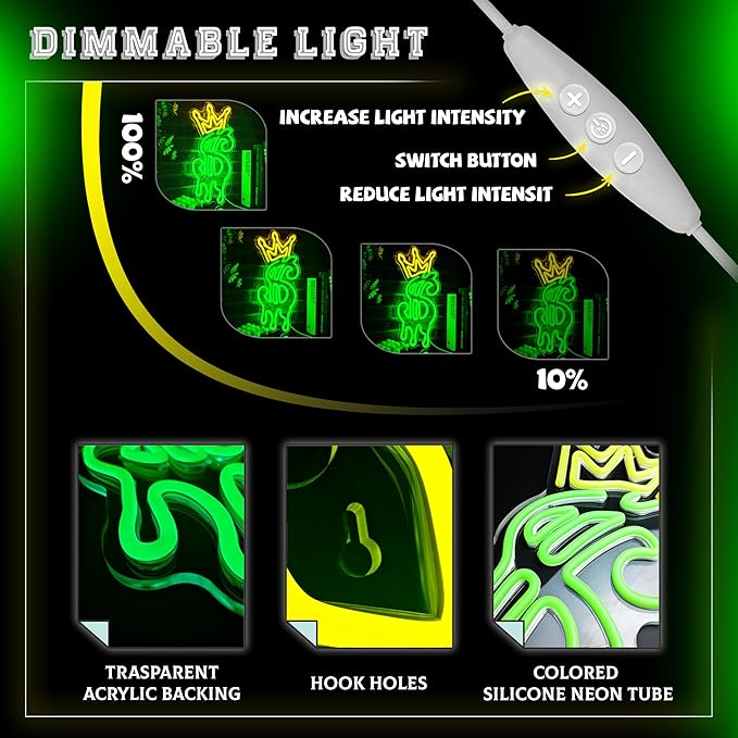 Money Neon Sign, Crown Dollar Neon Signs for Shop Store Wall Decor, USB Powered Adjustable Brightness Dollar LED Neon Light Sign for Man Cave Game Room Bar Pub Party Decor