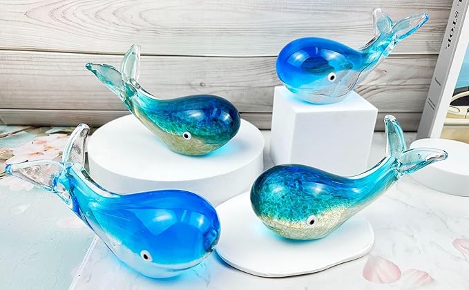 Crystal Whale Figurine Hand Blown Glass Whale Statue Collectibles Art Glass Sea Animal Paperweight Home Table Decor Gift Blue 5.1''
