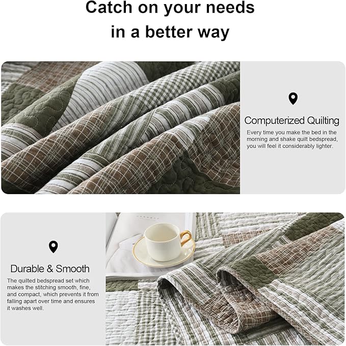 PANGUSHAN 100% Cotton Quilt Set Queen Size, Patchwork Plaid Queen Quilt Bedding Set Bedspreads, Farmhouse Lightweight Comforter Reversible Quilt, Green/Moonbeam Bed Spread for Queen Bed, 3 Pieces