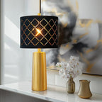 RORIANO 24" Modern Table Lamp for Living Room Bedroom, Gold Nightstand Resin Lamp with Black Grid Shade