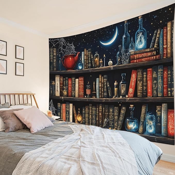 LB Fantasy Bookshelf Tapestry, Horror Spider and Vintage Book with Moon Wall Tapestry for Bedroom Aesthetic, Trippy Galaxy Wall Art for Living Room Dorm Home Decor Ready to Hanging, 48 x 36 Inches