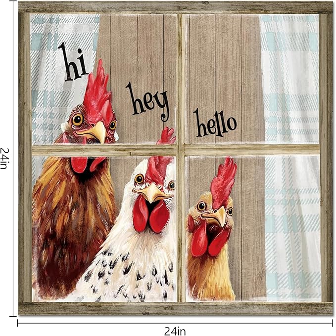 Visual Art Decor Rooster Decor Funny Chicken Picture Wall Decor Rustic Farmhouse Window Painting Framed 24x24 inch, Rustic Country Front Door Welcome Sign