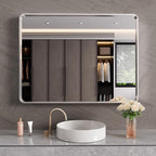 Brushed Nickel Bathroom Mirror 40x32 Inch, Brushed Silver Metal Frame Mirror Wall Mounted, Rounded Rectangle Bathroom Vanity Mirror, Tempered Glass, Anti-Rust, Horizontal/Vertical