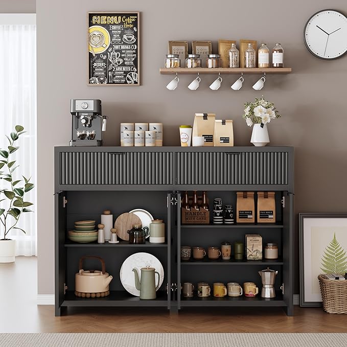 Fluted Sideboard Buffet Cabinet with Storage Drawers, 55" Large Accent Storage Cabinet with Doors and Adjustable Shelf, Modern Farmhouse Credenza for Entryway, Kitchen, Living Room - Black