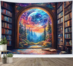 LB Fantasy Bookshelf Moon Tapestry, Trippy Tree and Vintage Library in Forest Wall Tapestry for Bedroom, Galaxy Cool Wall Art for Living Room Dorm Classroom Home Decor Ready to Hanging, 48 x 36 Inches