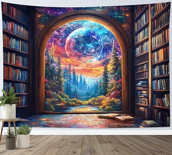 LB Fantasy Bookshelf Moon Tapestry, Trippy Tree and Vintage Library in Forest Wall Tapestry for Bedroom, Galaxy Cool Wall Art for Living Room Dorm Classroom Home Decor Ready to Hanging, 48 x 36 Inches