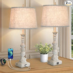 Set of 2 Farmhouse Table Lamps, 27.5'' Tall Rustic Bedside Lamps with 2 USB Ports, Beige Fabric Shade Nightstand Lamp, White Resin Desk Lamp with Rotary Switch for Living Room, Bedroom, Office