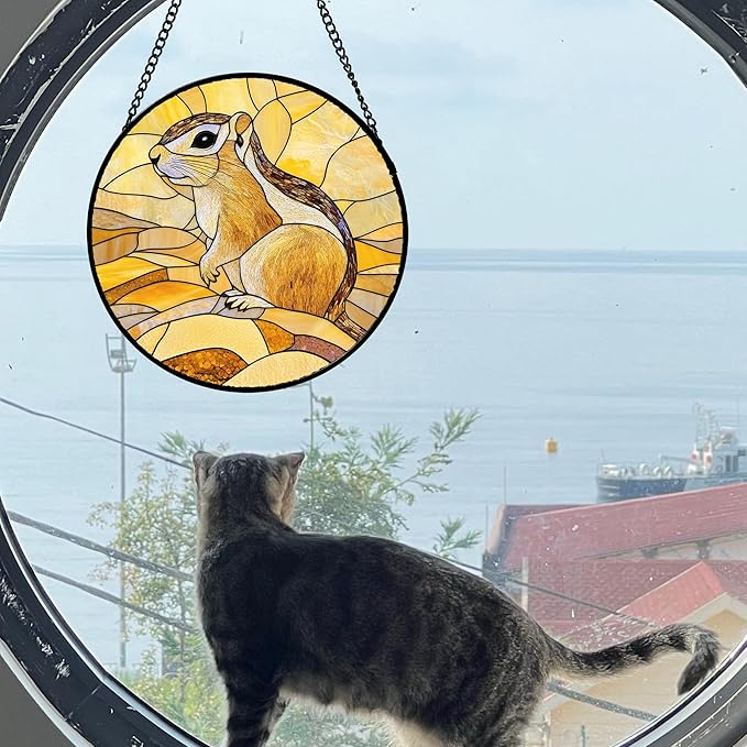 Stained Glass Window Hanging 4 Pcs Set Animals 6.3" - Desert Landscape Yellow Suncatcher Door Garden Sun Catcher Decor Birthday Christmas for Mom Woman Nana Men