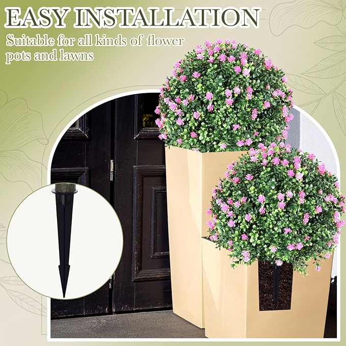 Yunlly Set of 2 Artificial Boxwood Topiary Ball Tree Fake Bushes Shrubs Outdoor Faux Plant with Ground Spike Flowers UV Resistance Greenery for Front Porch Garden Patio Indoor(Light Pink,27x18inch)