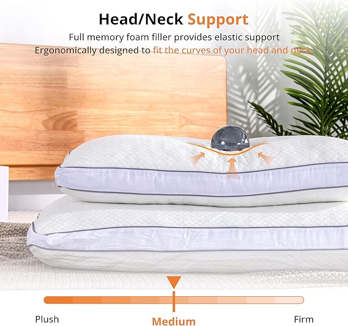 Shredded Memory Foam Pillows, Bed Pillows for Sleeping, Standard Pillow for Side Back Stomach Sleepers, Neck Support Pillow with Washable Removable Cover(28"x 16",1 Pack)