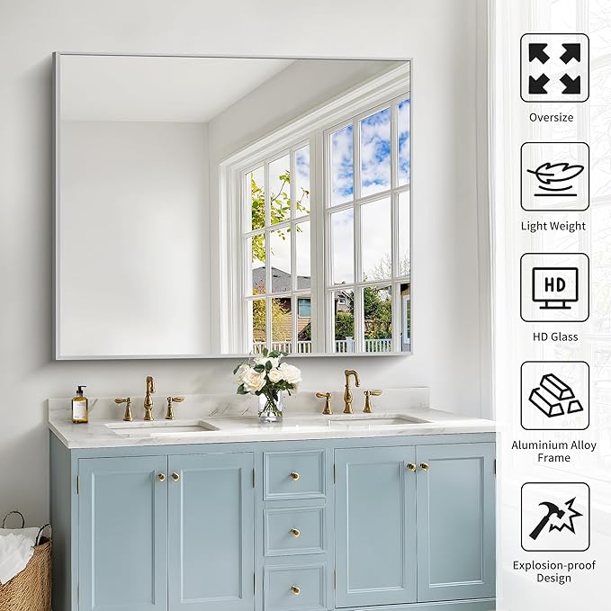 40x48inch Silver Bathroom Mirror, Silver Rectangle Mirror with Frame, Large Rectangular Wall Mirrors for Bathroom, Living Room, Hair Salon, Big Farmhouse Mirror Hang Horizontal/Vertical