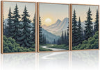 HLNIUC Mountain Forest Sun Framed Wall Art,Large Boho Pine Tree Canvas Wall Decor Set of 3(16”x24”)Ridge Mountain Landscape Picture Prints,Natural Sunset Woodland Wall Painting for Living Room,Bedroom