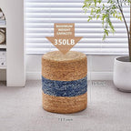 Wimarsbon Ottoman Foot Rest Stool Round Natural Seagrass Foot Stool Hand-Woven Boho Pouf Ottomans Home Decor Footstool Extra Seating for Living Room Bedroom Entryway Blue