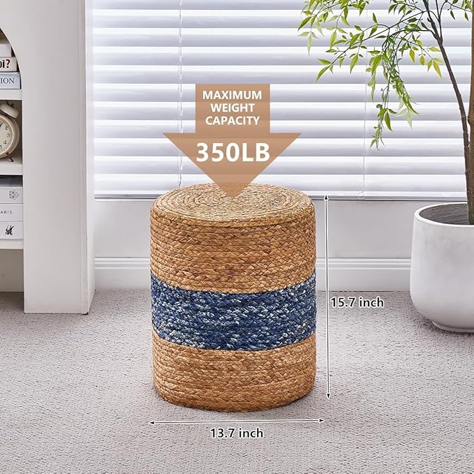 Wimarsbon Ottoman Foot Rest Stool Round Natural Seagrass Foot Stool Hand-Woven Boho Pouf Ottomans Home Decor Footstool Extra Seating for Living Room Bedroom Entryway Blue