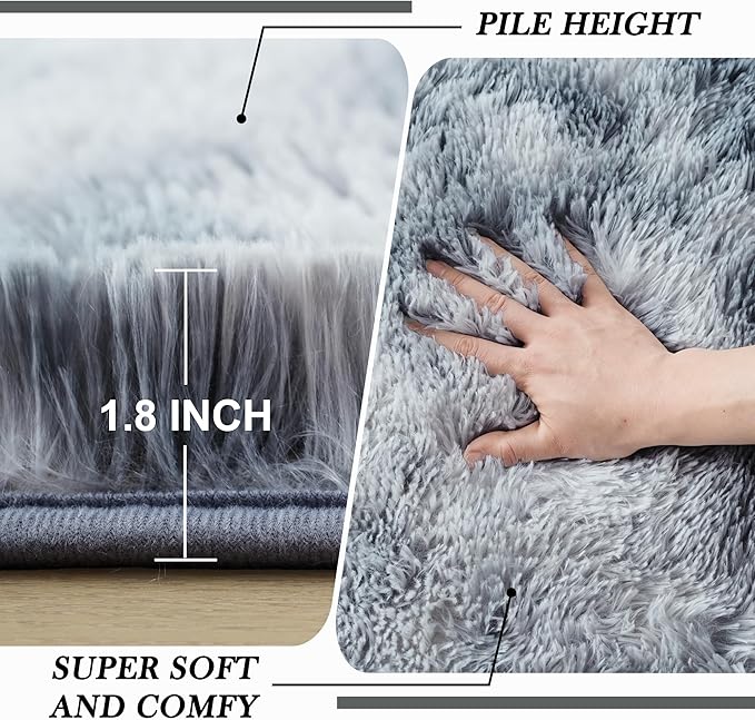 Shag Rugs 8x10 Living Room: Shag Area Rug for Bedroom - Gray Large Fluffy Soft Carpet (Tie-Dyed Light Gray, 8x10 Feet)