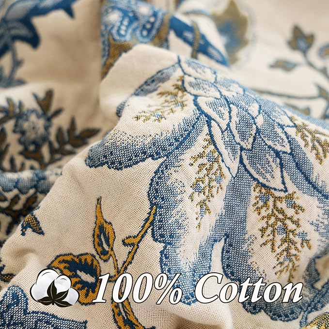 Snycler Boho Throw Blanket for Bed - 100% Cotton Ultra Soft Rustic Quilt - White Blue Floral Printed Farmhouse Decor Bed Blankets, 60"×80" All Season Rustic Throw for Sofa Couch Chair