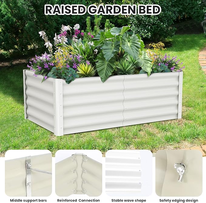 Galvanized Raised Garden Bed Outdoor, 2 Pcs 6x3x1.5FT Outdoor Large Planter Raised Beds Open Base with Safety Edge and Glove for Vegetables Flowers Ground Planter, White