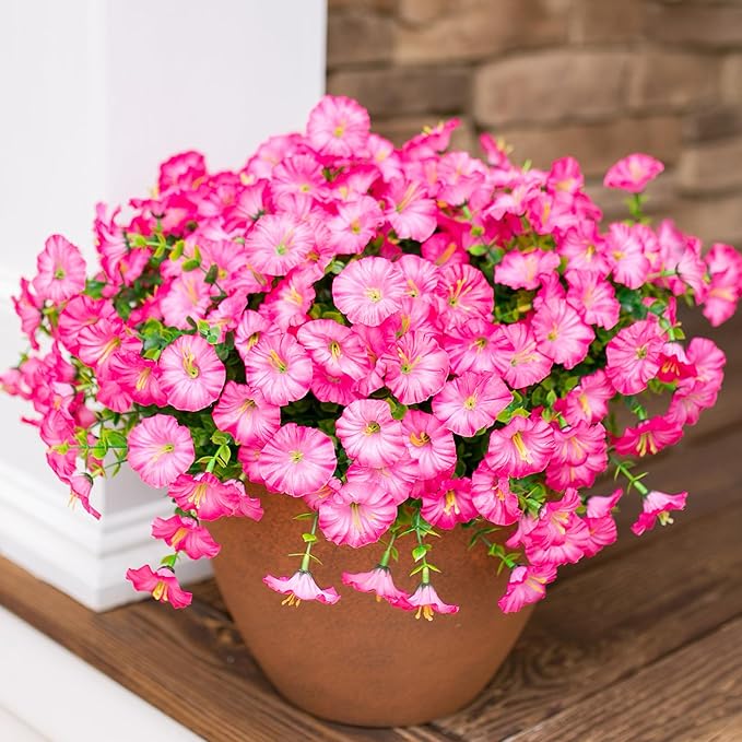 HyeFlora Artificial Flowers for Outdoors Fake Plants Outside Decoration, 12 Bundles Silk Pink Morning Glory with Eucalyptus UV Resistant Look Real Faux Flowers for Planter Front Door Yard Gardens Home