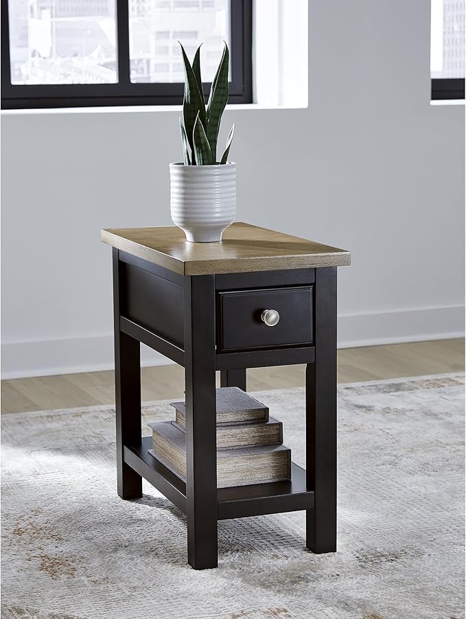 Signature Design by Ashley Drazmine Casual 1 Drawer Chair Side End Table with USB Charging Ports, 1 Lower Shelf and Power Cord, Light Brown & Black