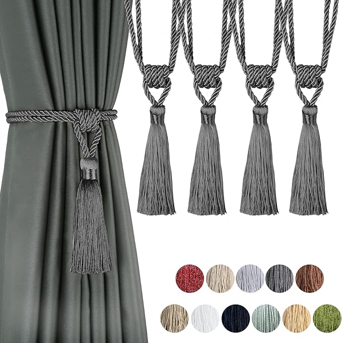 Fenghuangwu Curtain Tiebacks Tassel Tie-Backs, Rope Curtain tie Backs Handmade Curtain Holdbacks Made from Polyester (Charcoal, 4p)