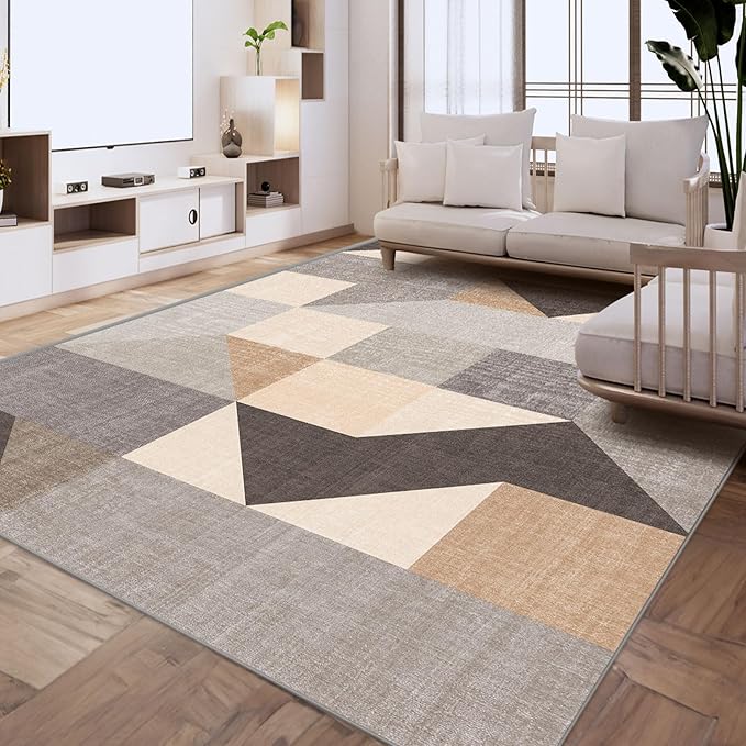 HOMFINE Washable Modern Area Rug - Geometric Style 9x12 Rugs for Living Room, Bedroom, Machine Washable Rug Soft Non Slip Non Shedding Area Rug - Grey Brown, 9'x12'