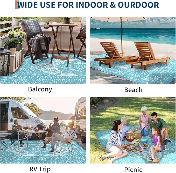 GAOMON Outdoor Rug Waterproof 9x18 Reversible Plastic Straw Rug, Large Rugs for Patio UV-Resistant Portable RV Camping Mats, Indoor Outdoor Medallion Carpet for Deck Porch Garden, Light Blue