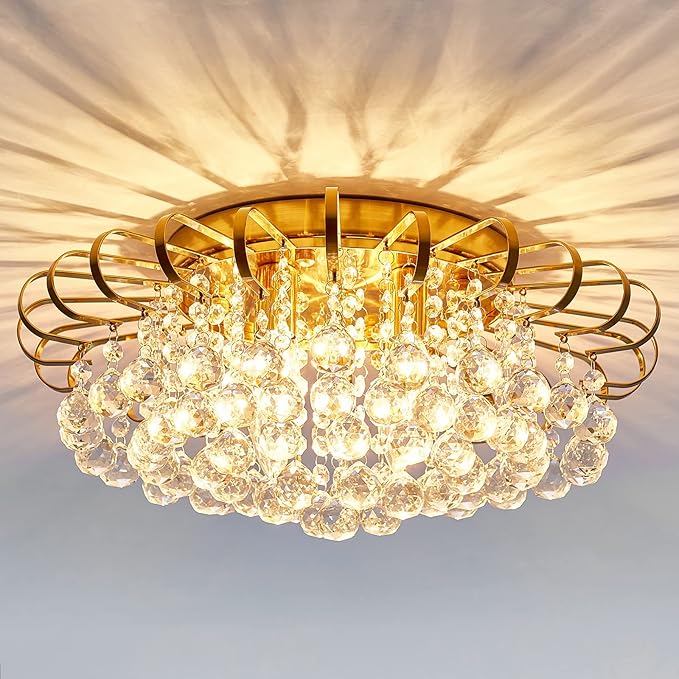 CVKASH 4-Lights Crystal Chandelier Modern Semi Flush Mount Ceiling Light Fixture Ceiling Lighting for Living Room Hallway Dining Room Kitchen Bedroom (Gold)