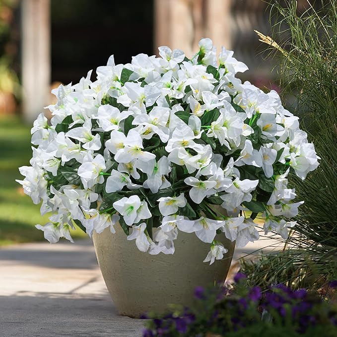 Ivydale Artificial Flowers for Outdoors, 4 Bundles Fake Bougainvillea Flower UV Resistant Silk Flowers for Outside, Outdoor Faux Plants for Planter Patio Porch Window Garden Home Decoration (White)