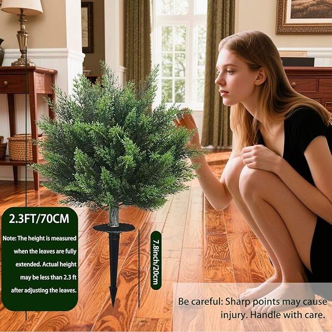 Artificial Topiary Cedar Tree 28 inch Faux Little Bush Cedar Tree UV Resistant Shrub Potted Artificial Plant for Outdoor Indoor Front Porch Garden (2 Pack)