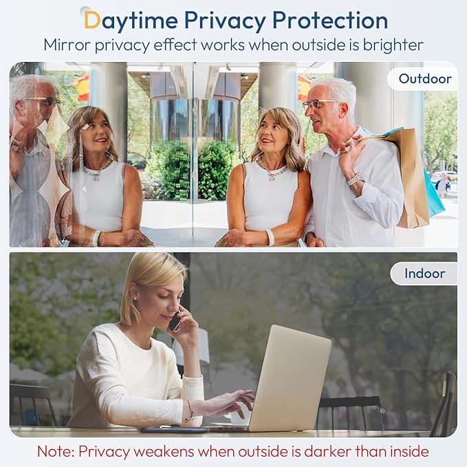 rabbitgoo Window Tint for Home One Way Privacy Window Film See Out Not in Heat UV Blocking Reflective Removable Static Cling Mirror Decorative House Glass Covering, Black Silver, 35.4 Inch X 6.5 Feet