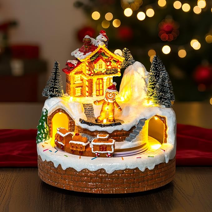 Animated Musical Christmas Village Figurines - Gingerbread House Building and Gingerbread Man with Train, LED Lights & Music - Battery or USB Powered and Home Collection Decorations