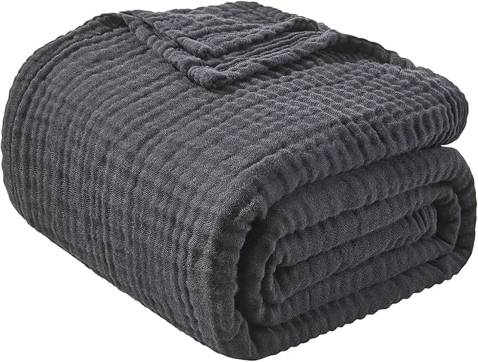 EMME Cotton Muslin King Blanket Bed Layering Breathable Gauze Blanket Soft Lightweight Blankets Adults (Black, 108"x90")