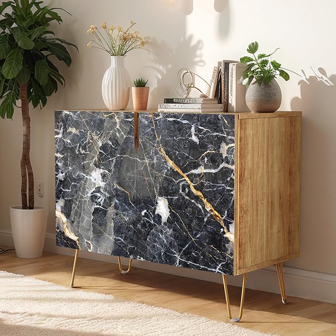 SIGNWIN Sideboard Buffet Cabinet, Kitchen Storage Cabinet with 2 Doors, Black & Gold Marble Granite Patterns, Cupboard Console Table for Dining Room - 35" L x 18" W x 29" H