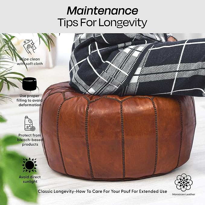 Handmade Moroccan Genuine Leather Pouf Ottoman Cover – Unstuffed Foot Stool Ottoman, Boho Foot Rest Under Desk, Round Ottoman for Living Room, Bedroom - Housewarming Gifts New Home, Weddings Gifts