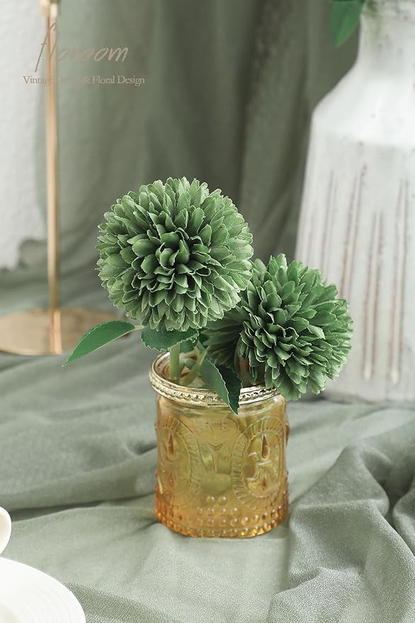 Floroom 12pcs Emerald Green Faux Silk Mums Artificial Flowers Bulk Fake Chrysanthemums with Stems for DIY Wedding Table Centerpieces Floral Arrangements Vase Fillers Home Decorations