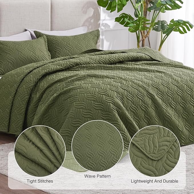 Love's cabin Twin Quilt Bedding Set Olive Green Bedspreads - Soft Bed Summer Lightweight Bedspread Comforter - Wave Pattern Bedding Coverlet for All Season - 2 Pieces (1 Quilt, 1 Pillow Sham)