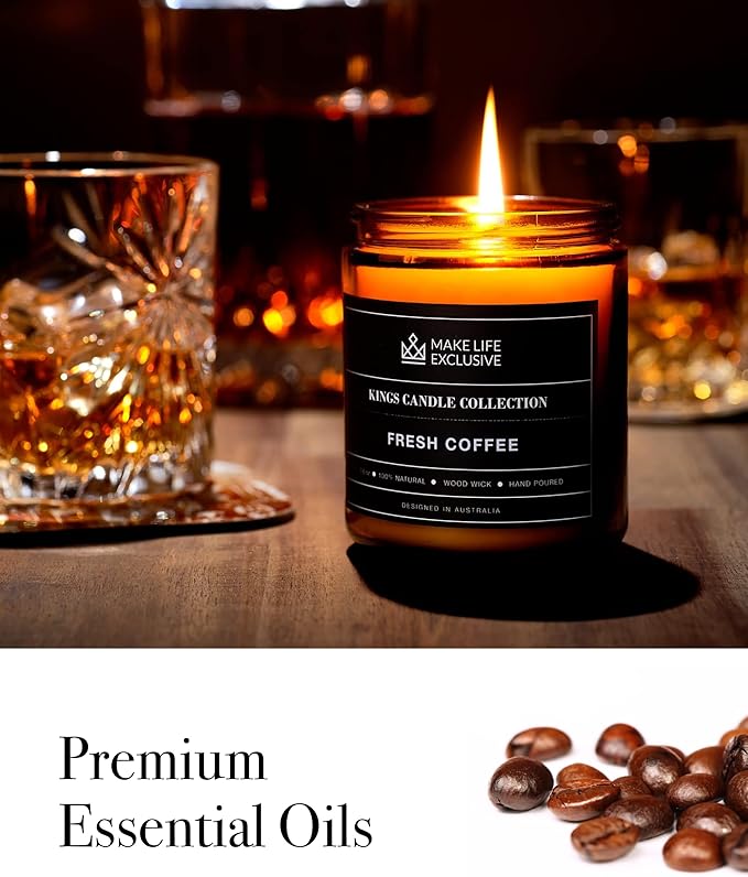 Scented Candles for Men | Fresh Coffee, Smells of Espresso | Wooden Wick, Long Lasting, Masculine Scents | Natural Soy Jar Candle for Home, Bachelor Pad Decor | The Perfect Mens Gift