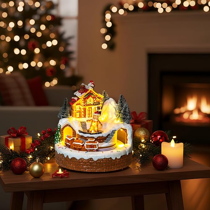 Animated Musical Christmas Village Figurines - Gingerbread House Building and Gingerbread Man with Train, LED Lights & Music - Battery or USB Powered and Home Collection Decorations