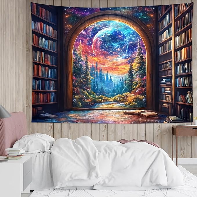 LB Fantasy Bookshelf Moon Tapestry, Forest Tree and Vintage Library Classroom Wall Tapestry for Bedroom, Galaxy Cool Wall Art for Living Room Dorm Home Decor Ready to Hanging, 60 x 40 Inches