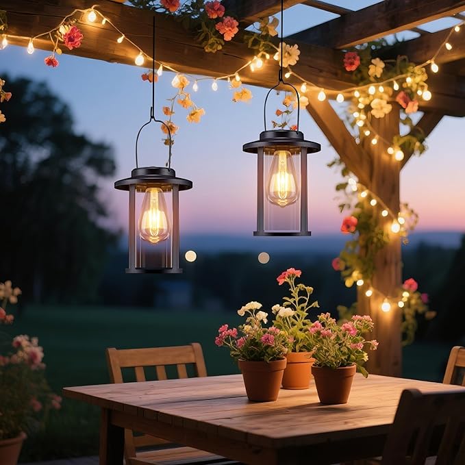 Solar Lantern Outdoor,Hanging Solar Lights Waterproof,Outdoor Wall Light Fixtures wiht Bulb,Outside Porch Lights Wall Mount for Front Garage Chicken Coop Farmhouse,2 Pack