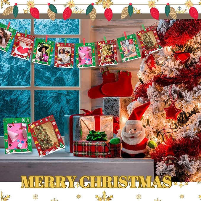 Janlaugh 100 Pcs Christmas Paper Photo Frames 4x6 Red and Green Paper Picture Frame with 100 Clip 10 String Kit DIY Hanging Cardboard Photo Holder Christmas Wall Decor Wedding Home