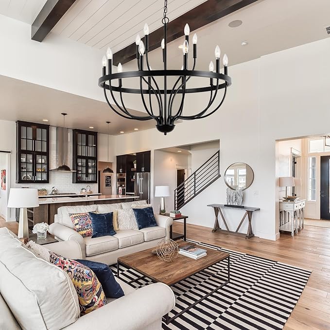 Black Chandelier 15-Light Industrial Iron Candle Chandelier Modern Suspended Farmhouse Chandeliers Pendant Light Fixtures for Dining Room Bedroom Living Room Kitchen Island Foyer E12 Bulb