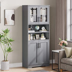 GarveeHome 67" Tall Storage Cabinet, Tall Bathroom Cabinet with Glass Doors and Adjustable Shelves, Freestanding Kitchen Pantry Cabinets, Cupboard for Living Room, Dining Room, Gray