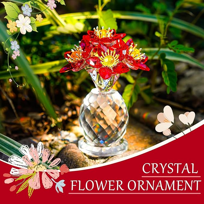 Crystal Red Flower Figurine with Base Glass Flower Figurine Collectibles Gifts for Women Mum Crystal Decoration for Home Office